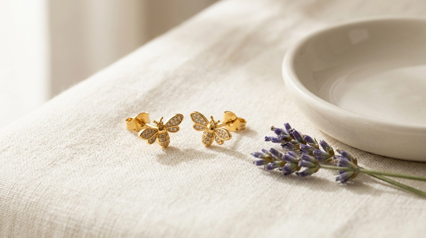 Zircon Bee Stud Earrings: 18K Gold-Plated Steel